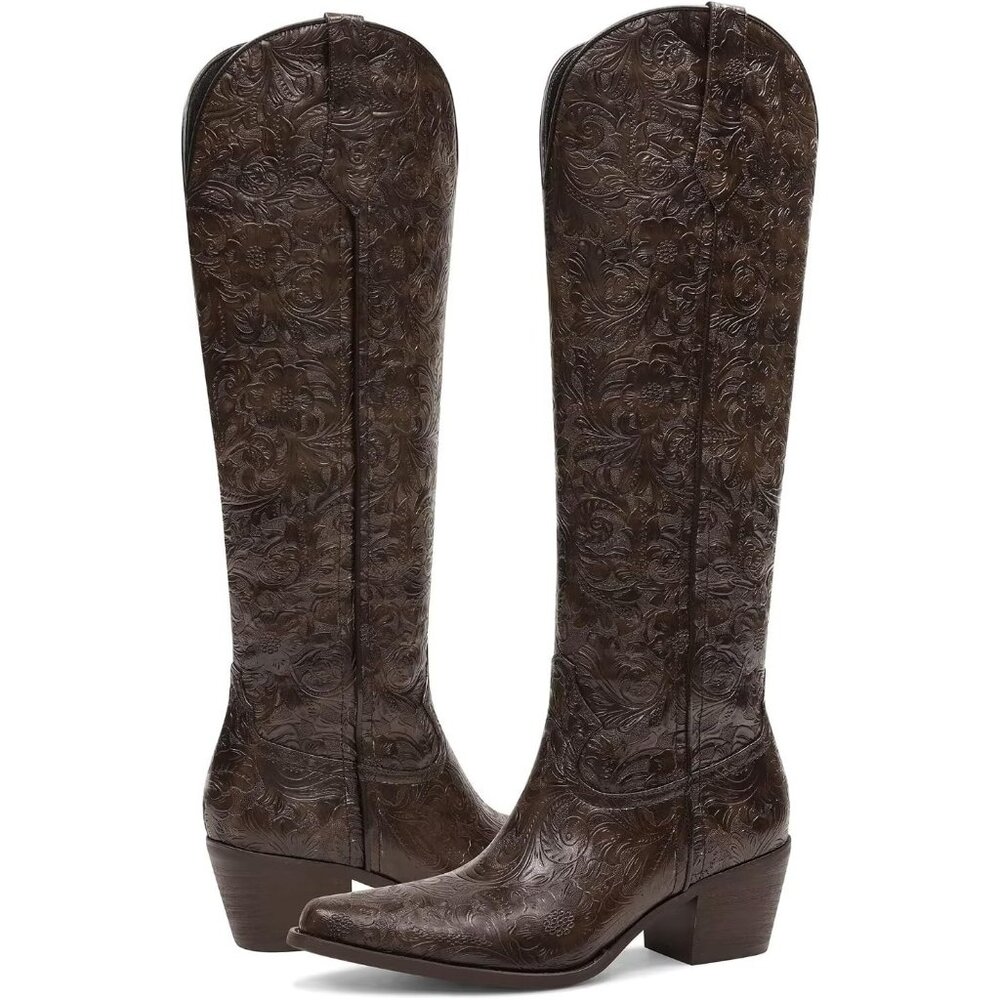 Women Brown Boots Embossed Knee High Western Boots Pointed Toe Comfortable - Picture 5 of 6